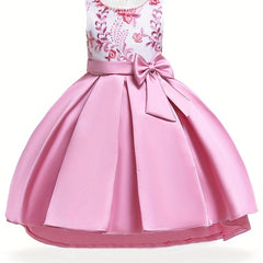 Girls Floral Embroidery Princess Dress High Low Pleated Dress