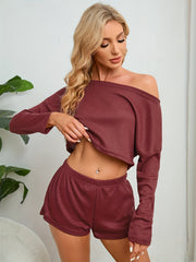 Solid Pajama Set Long Sleeve Top & Shorts Women's Sleepwear
