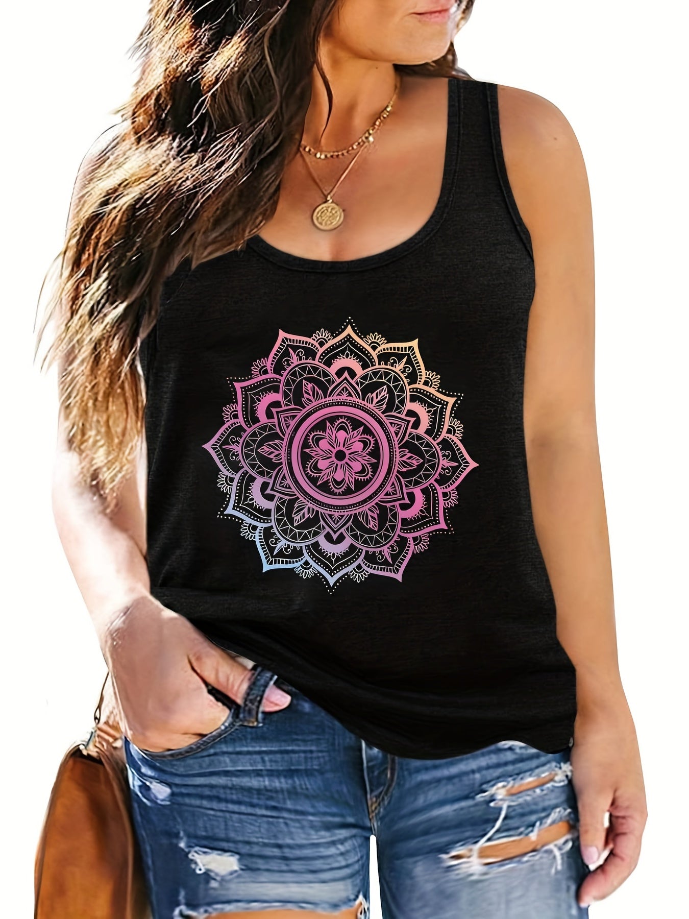 Floral Print Crew Neck Plus Tank Top
