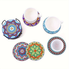 12pcs Round Manda Flower Pattern Coaster DIY Diamond Painted Wooden Coaster