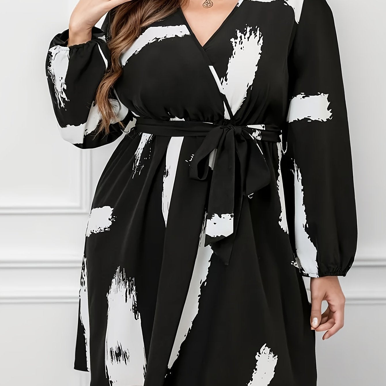 Casual Dress Women's Plus Brush Print Long Sleeve Mini Dress