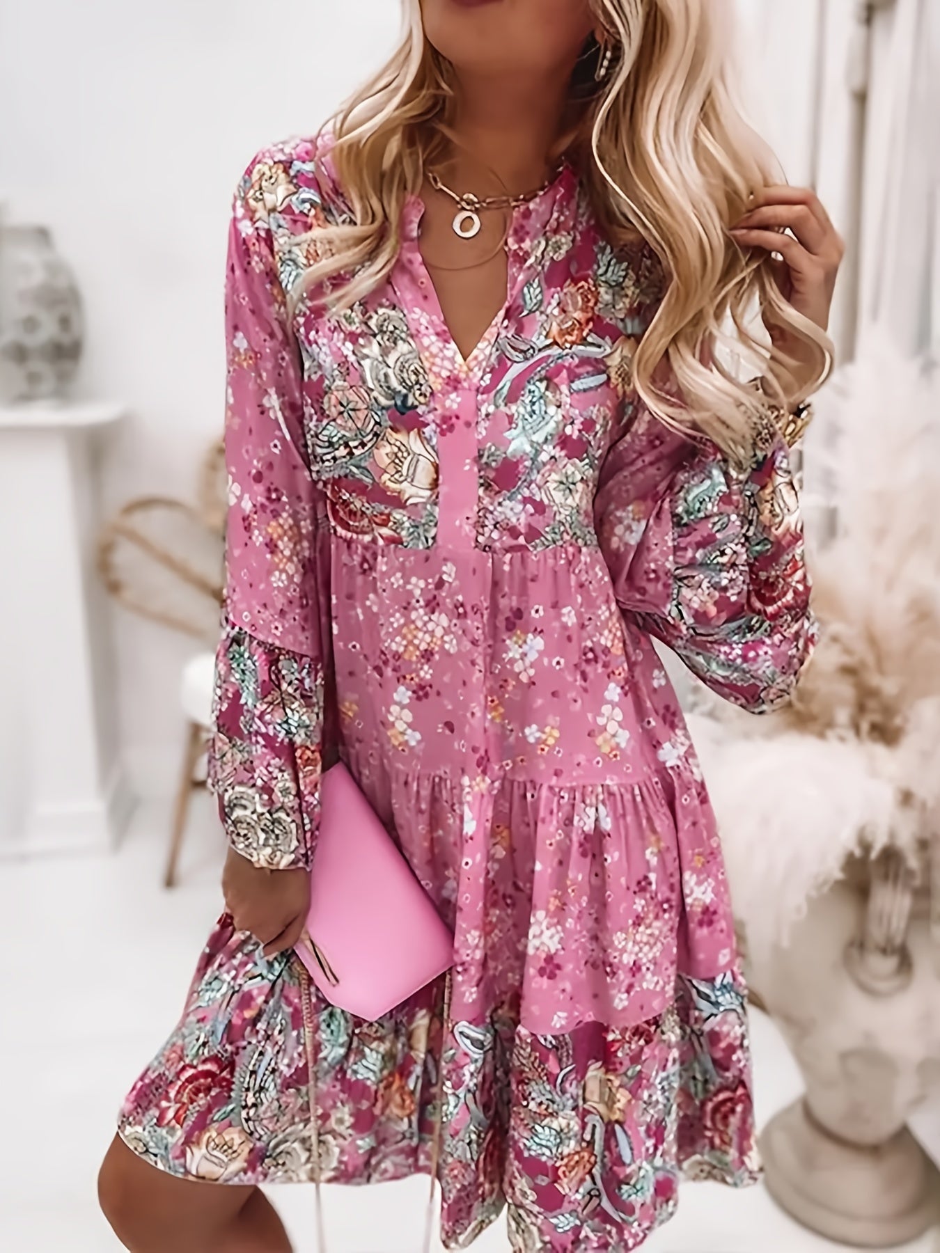 Ditsy Floral Print Dress Long Sleeve V Neck Ruched Dress