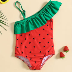 Girls Watermelon Print One Piece Swimsuit Asymmetrical Straps