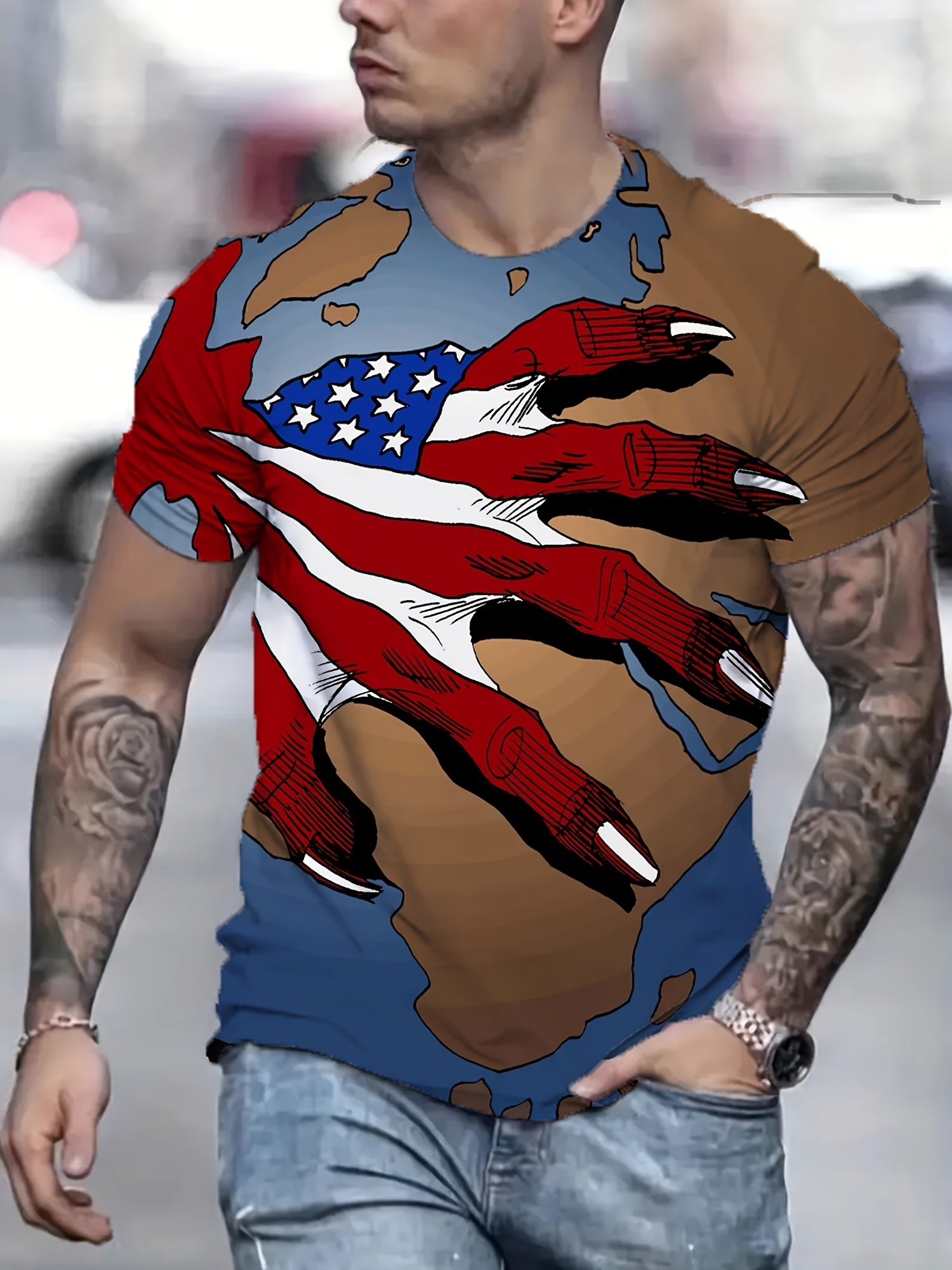 Claw Print T shirt Men's Casual Street Style Round Neck Tee Shirt