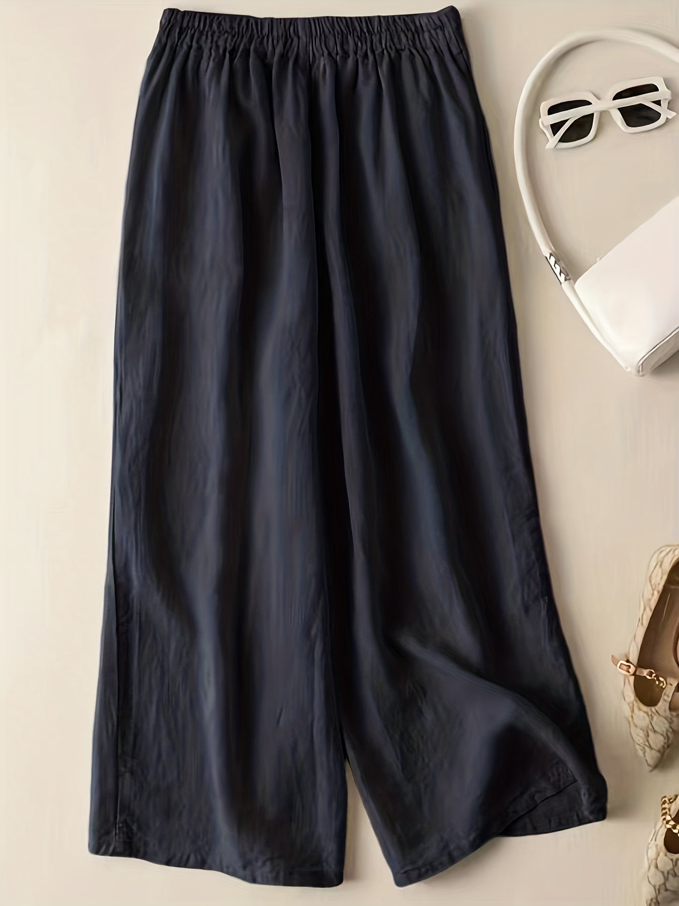 Casual Wide Leg Draped Pants with Embroidery Detail