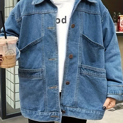 Preppy Denim Jacket Women's Plus Button Up Lapel Collar Denim Coat