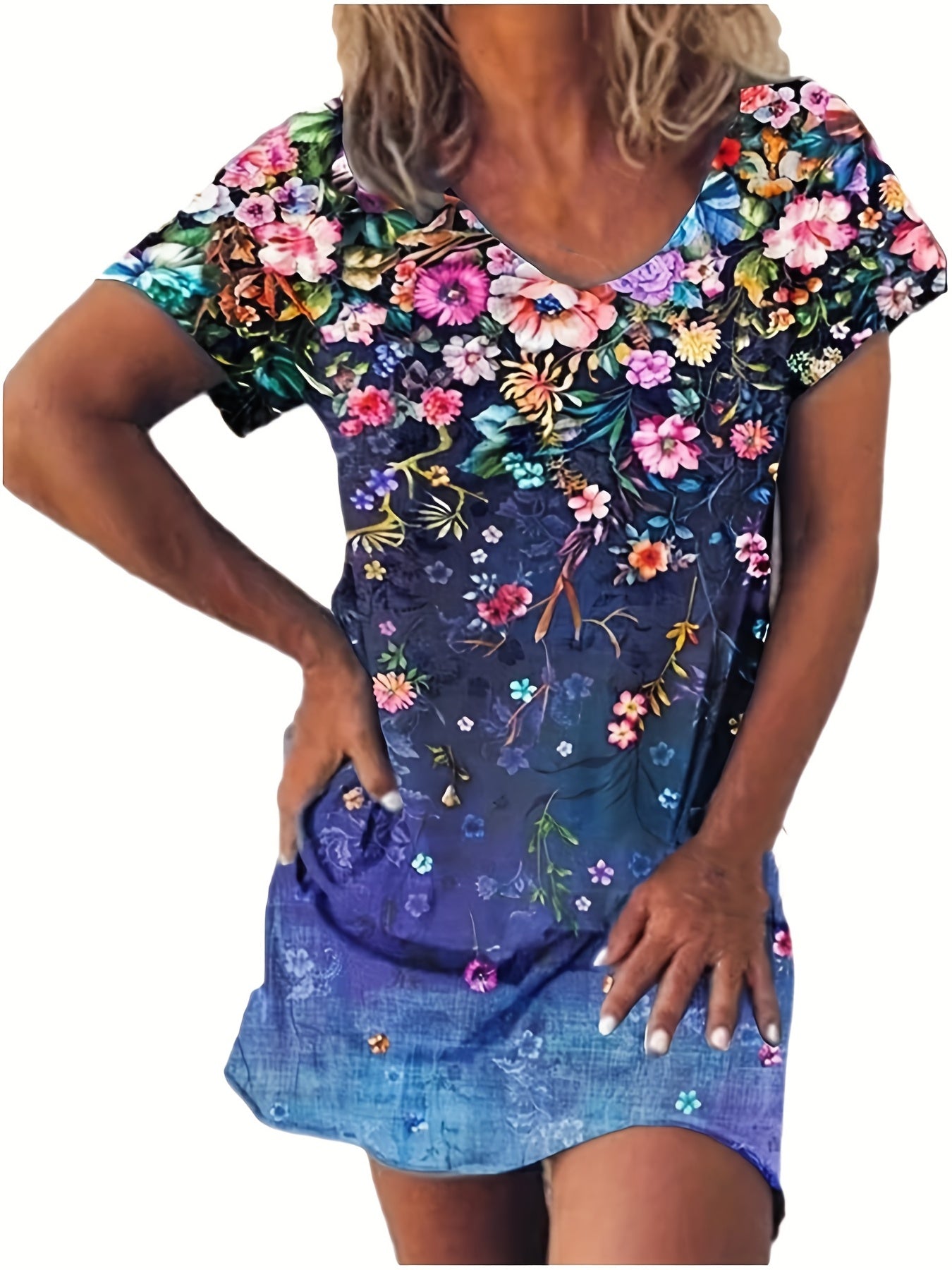 Floral Print V Neck Dress Short Sleeve Casual Dress