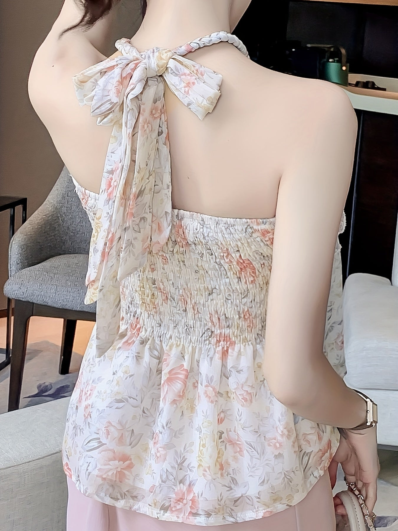 Floral Print Shirred Halter Top Tie Back Sleeveless Summer Top