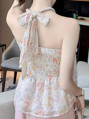 Floral Print Shirred Halter Top Tie Back Sleeveless Summer Top