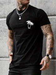 Palm Tree Pattern Top Casual Stretch Short Sleeve Crew Neck T shirt