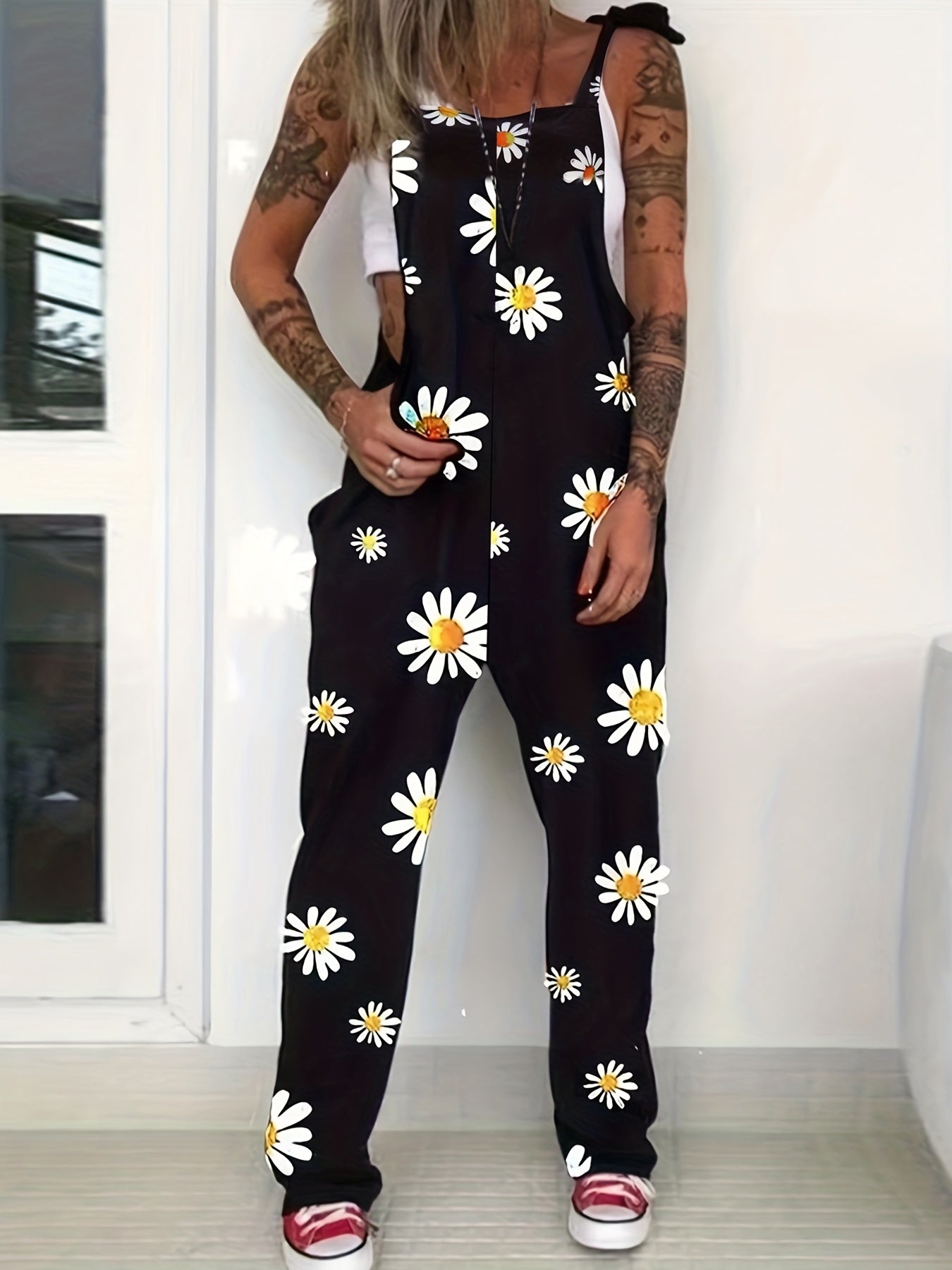 Floral Print Tie Shoulder Stretch Jumpsuit