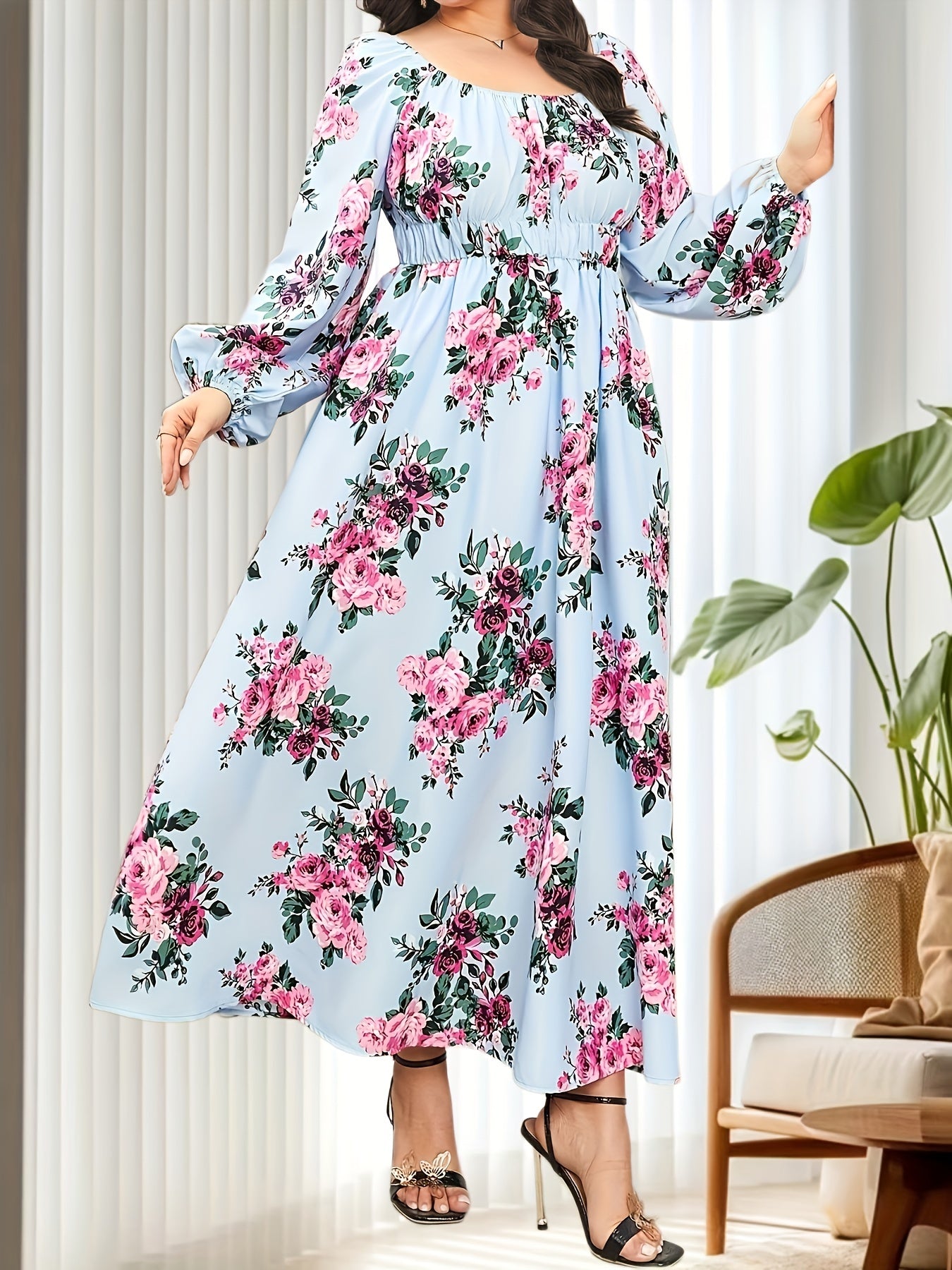 Floral Lantern Sleeve Maxi Dress Nipped Waist