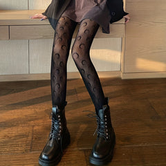 Moon Pattern Fishnet Tights High Waist Mesh Pantyhose Women's Stockings