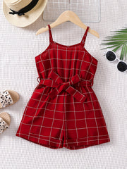 Toddlr Grls Plaid Graphic Belted Cami Romprs Jumpsuits Bch Vctn Kids Summr Clths