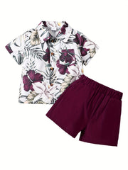 2pcs Boys Summer Floral Print T Shirt & Shorts Set