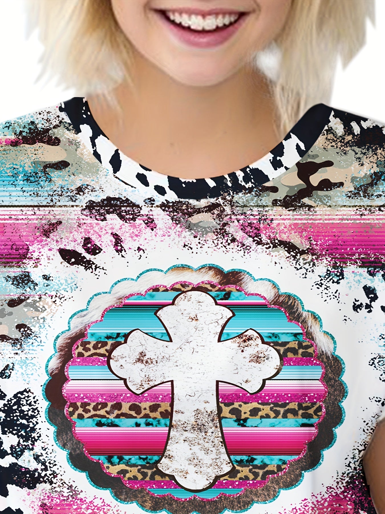 Western Style Cross Graphic Short Sleeve T shirt for Kids