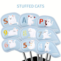 9pcs Plush Cat Golf Iron Head Cover Set - PU Waterproof Material