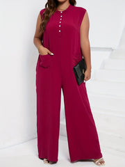Button Up Mock Neck Wide Leg Jumpsuit