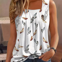 Feather Print Ruched Square Neck Tank Top Summer Women's Clothing