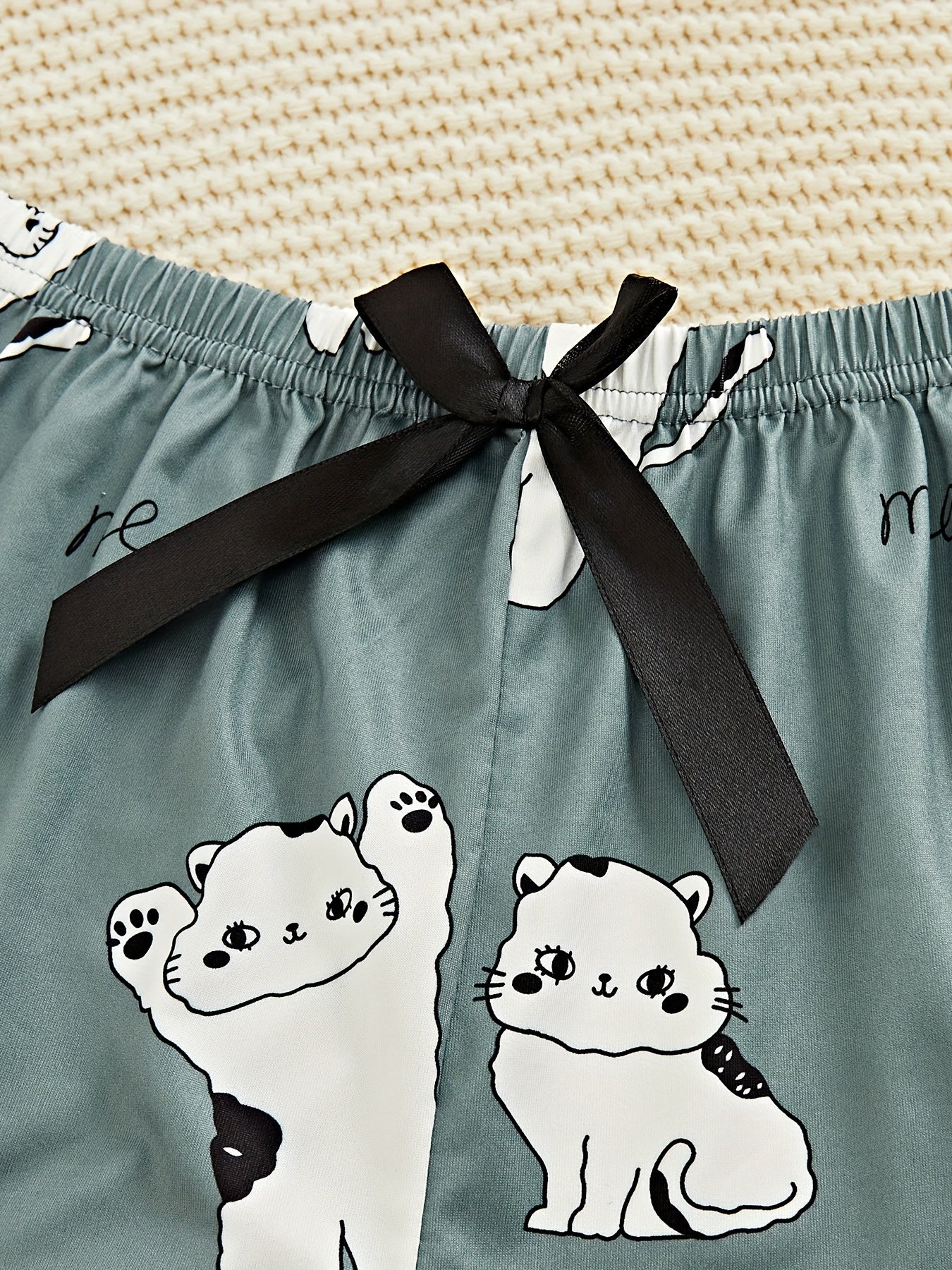 Cartoon Cat Print Pajama Set Short Sleeve Top & Shorts Women's Sleepwear