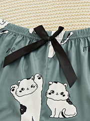 Cartoon Cat Print Pajama Set Short Sleeve Top & Shorts Women's Sleepwear