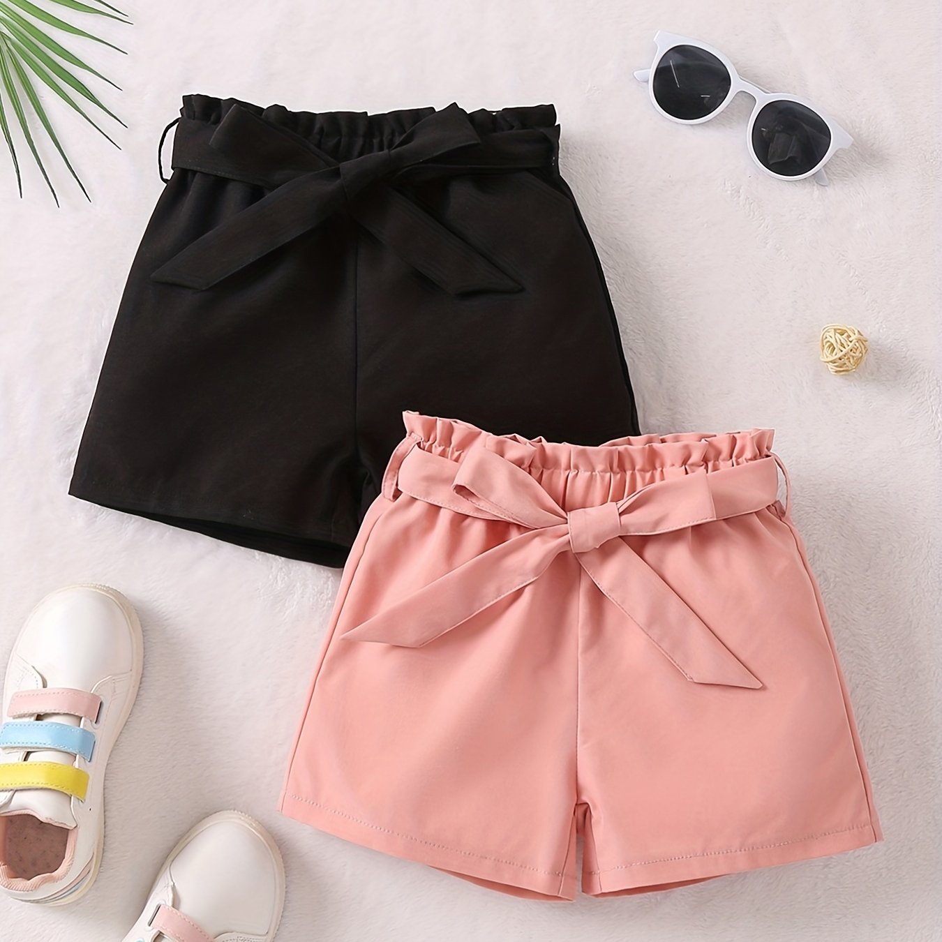 2pcs Girls Casual Shorts With Belt Breathable Comfortable Pants for Kids