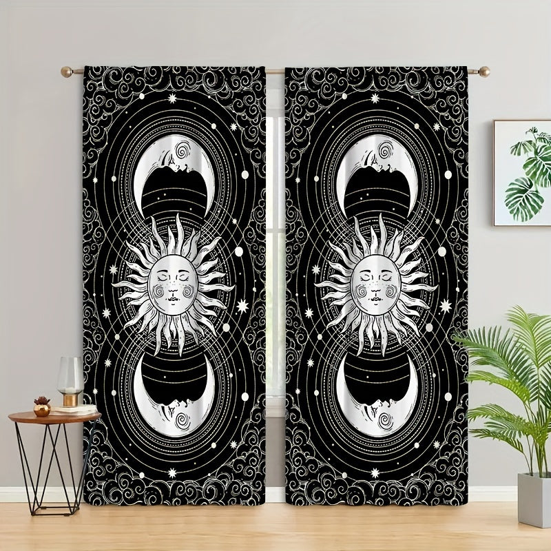 2pcs Sun Moon Printed Curtains Rod Pocket Semi Blackout Window Curtains