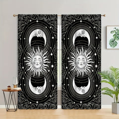 2pcs Sun Moon Printed Curtains Rod Pocket Semi Blackout Window Curtains