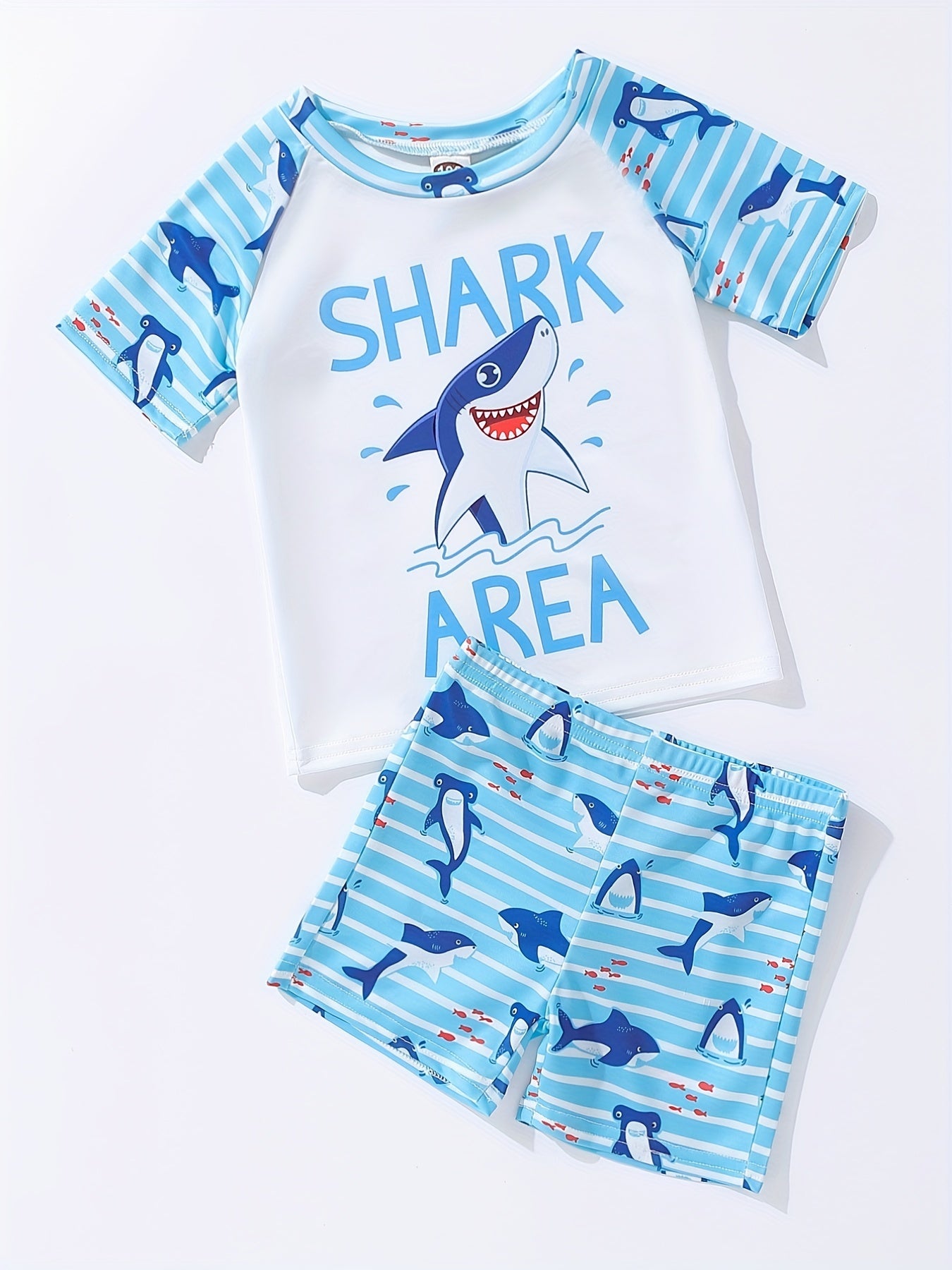 Boys Cartoon Shark Print Swimming Suit Trunks & Tops for Beach Vacation