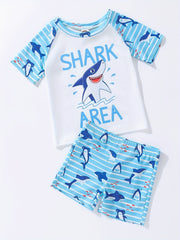 Boys Cartoon Shark Print Swimming Suit Trunks & Tops for Beach Vacation