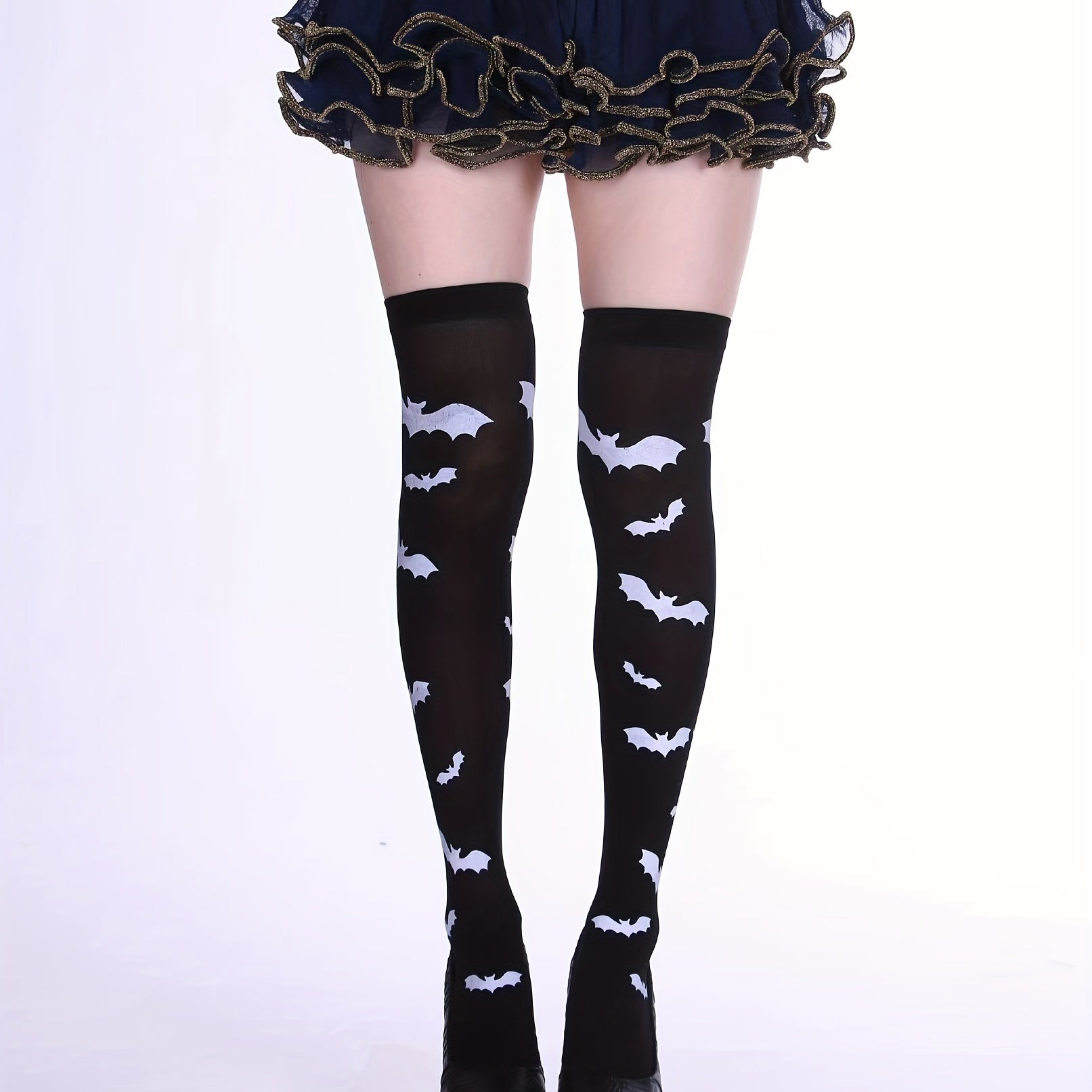 Skull & Bat Print Over The Knee Socks for Halloween