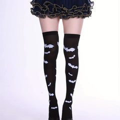 Skull & Bat Print Over The Knee Socks for Halloween