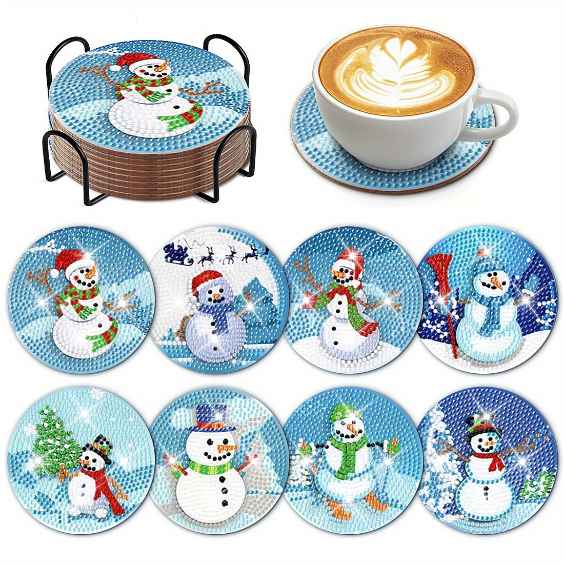 8pcs Snowman Diamond Painting Coaster Kits With Holder DIY Diamond Art