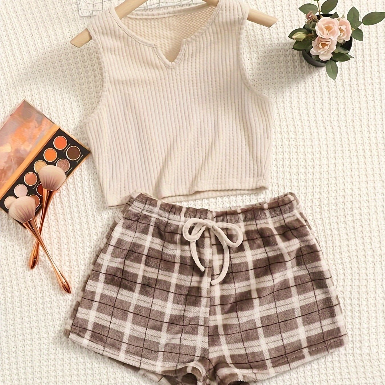 Preppy Pajamas Set Tank Top & Tie Front Shorts Home Wear 2pc Set