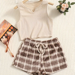 Preppy Pajamas Set Tank Top & Tie Front Shorts Home Wear 2pc Set