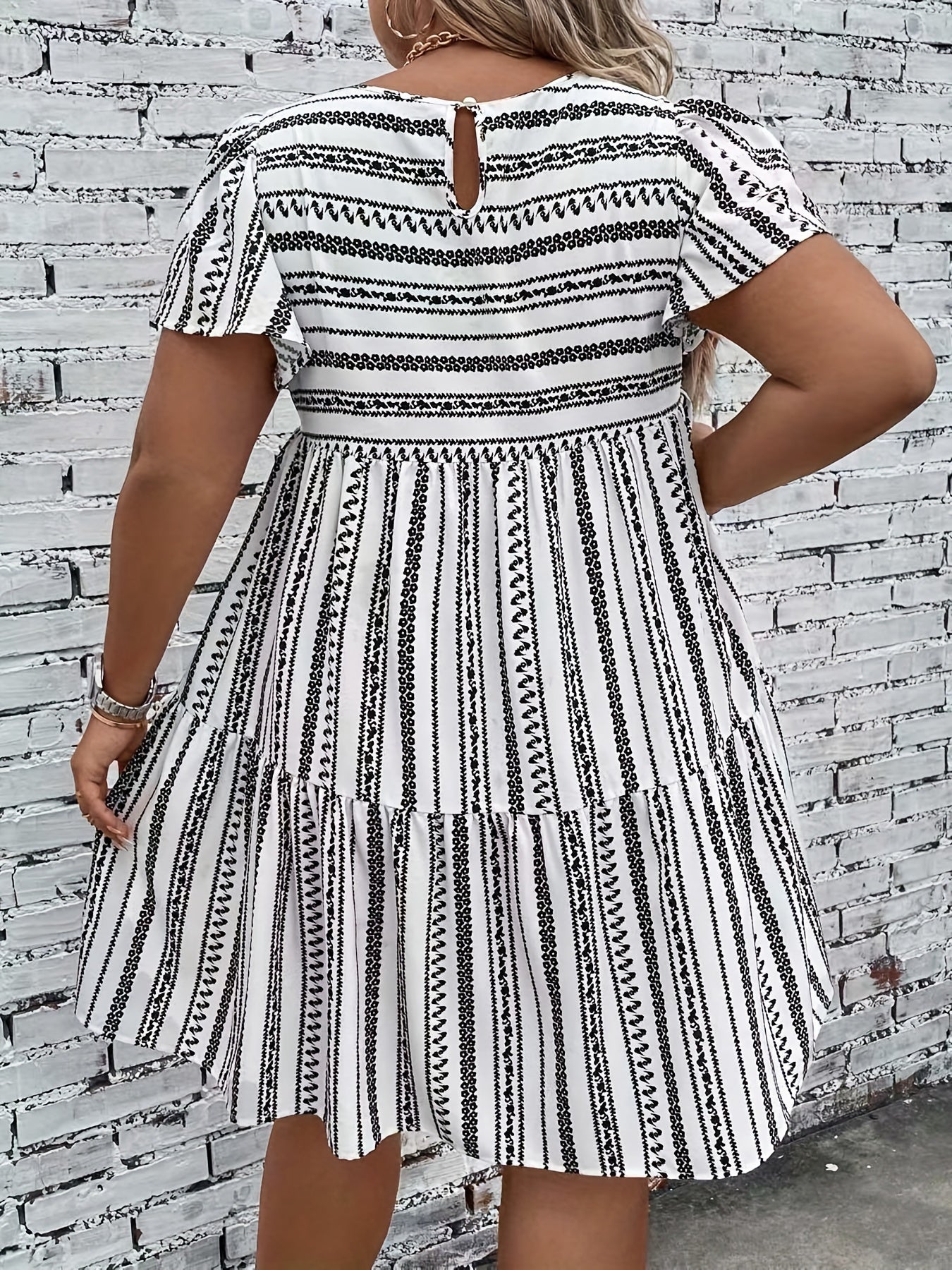 Women's Plus Geo Stripe Print Ruffle Sleeve Boho Dress