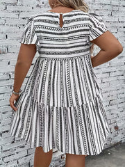 Women's Plus Geo Stripe Print Ruffle Sleeve Boho Dress