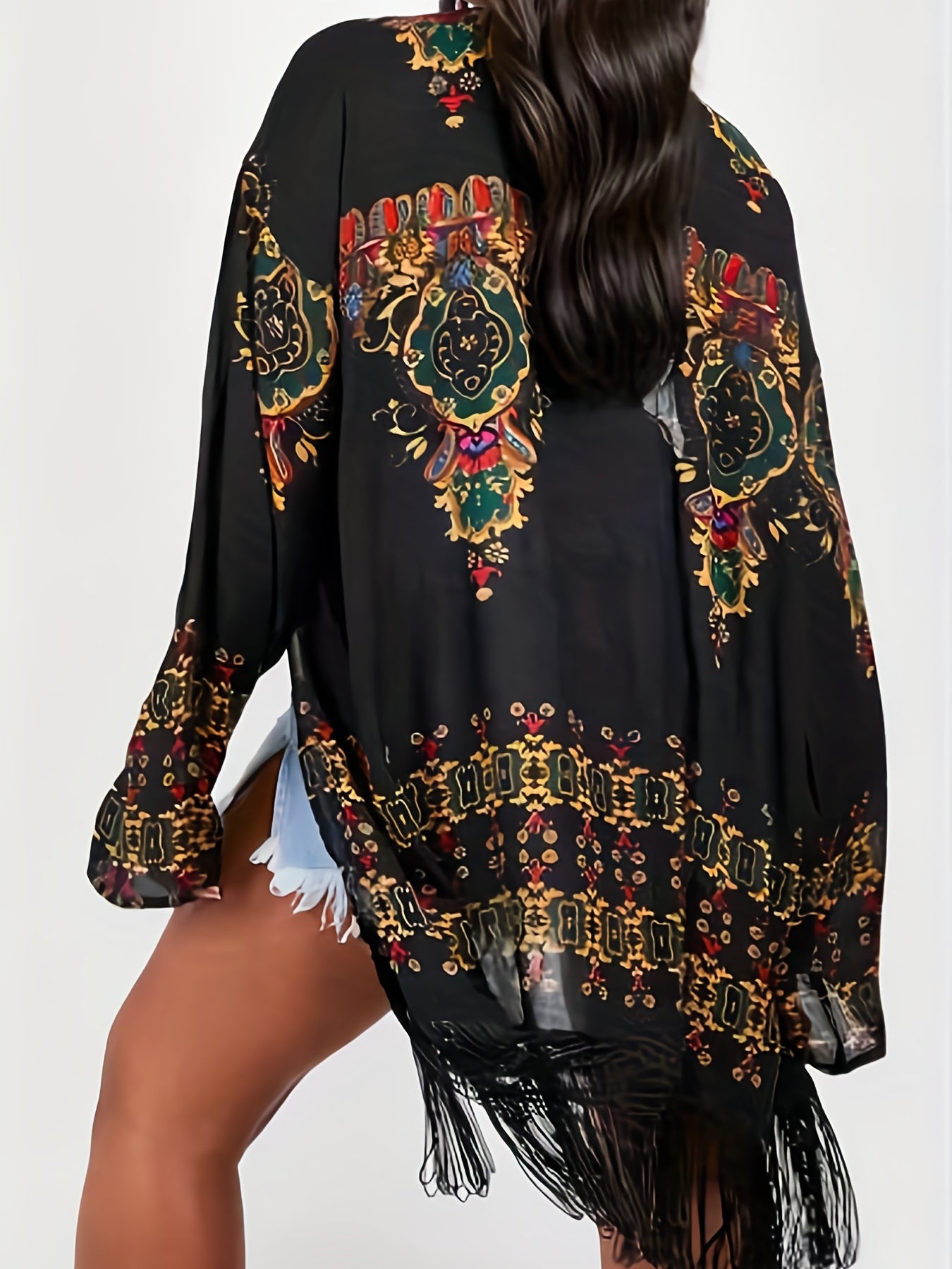 Boho Floral Print Fringe Trim Cardigan