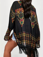 Boho Floral Print Fringe Trim Cardigan