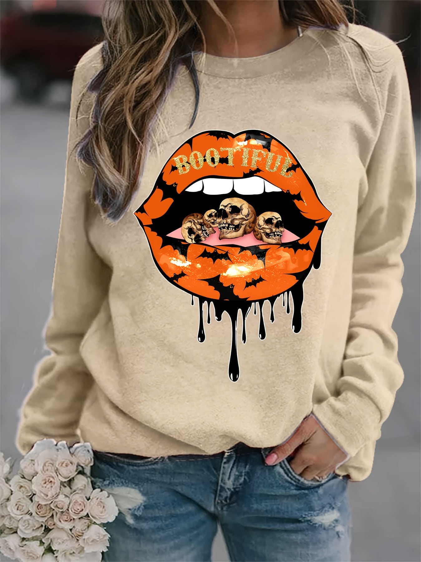 Lip Print Sweatshirt Long Sleeve Crew Neck Casual Pullover