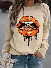 Lip Print Sweatshirt Long Sleeve Crew Neck Casual Pullover