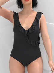 Solid V Neck Ruffle Trim One Piece Bathing Suit