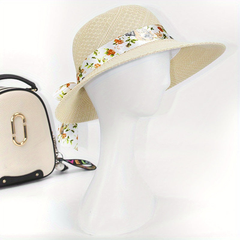 Knitted Bucket Hat Flower Ribbon Decor Sun Hats Breathable