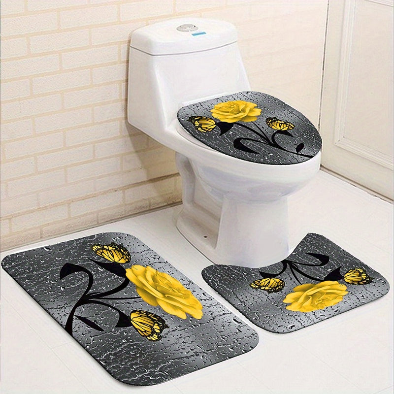 Yellow Rose Bathroom Set with Shower Curtain and 12 Hooks