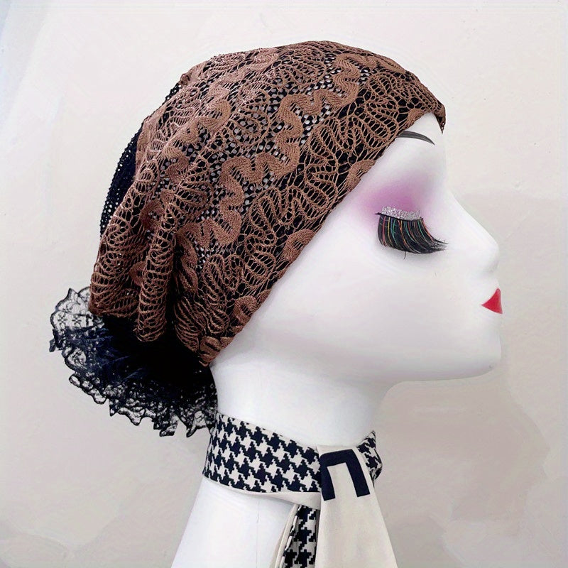 Lace Embroidery Mesh Turban Cap Women Head Wrap Elastic Beanie