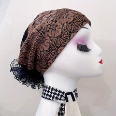 Lace Embroidery Mesh Turban Cap Women Head Wrap Elastic Beanie