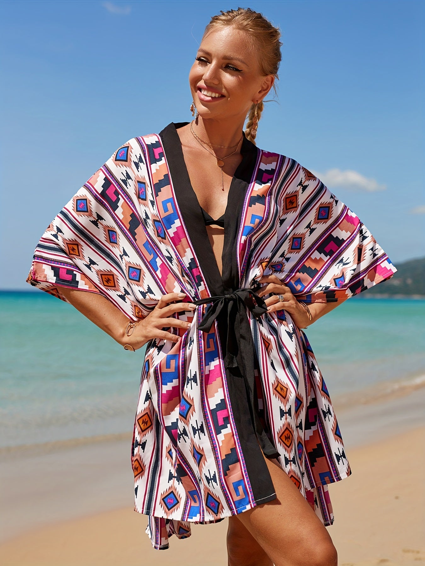 Geometric Print Cover Up Shirt Loose Fit V Neck Split Beachwear Kimono