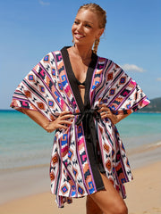 Geometric Print Cover Up Shirt Loose Fit V Neck Split Beachwear Kimono