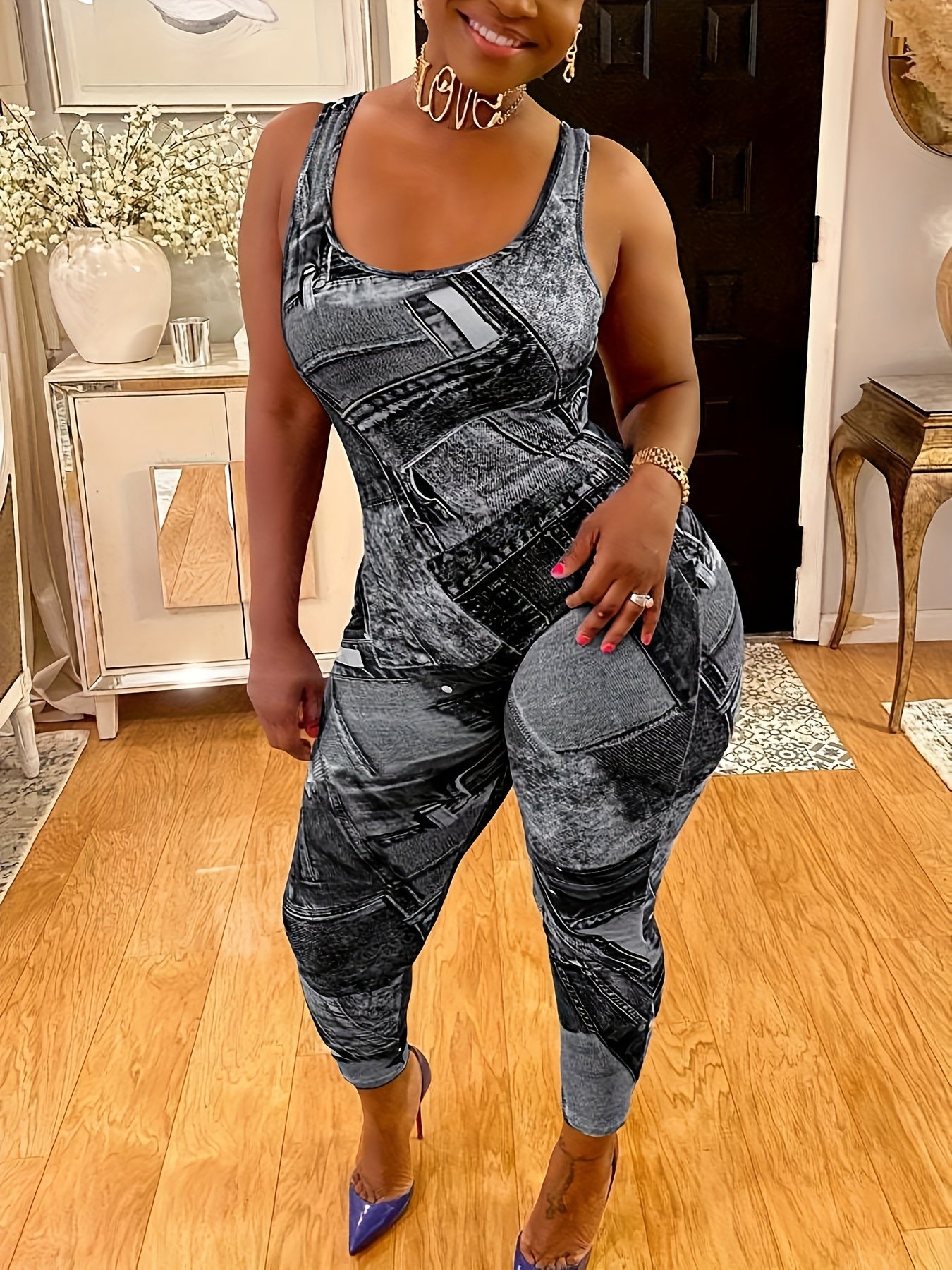 Casual Jumpsuit Denim Print Slim Fit Medium Stretch Tank Jumpsuit