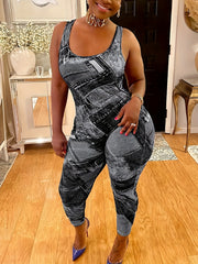 Casual Jumpsuit Denim Print Slim Fit Medium Stretch Tank Jumpsuit